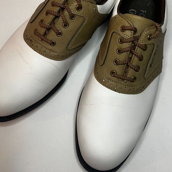 FootJoy Greenjoys Golf Shoes Mens Sz 8.5W White and Tan Lace Spikes Athletic - Picture 2 of 11